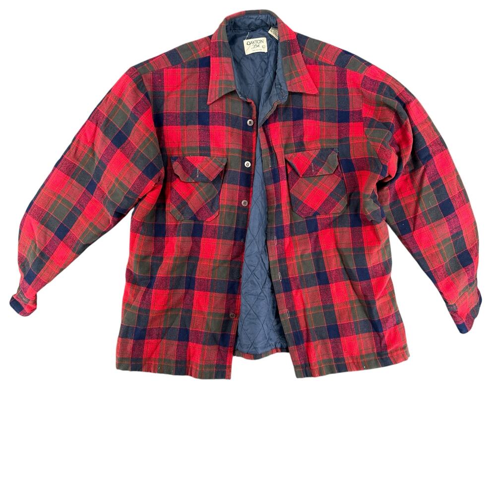 Vintage 90s Red Flannel Quilted Lined Work Jacket Oakton Sears Large Men's